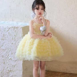 法式女童2026夏季新款甜美黄色立体花朵网纱吊带裙女孩蓬蓬蛋糕裙