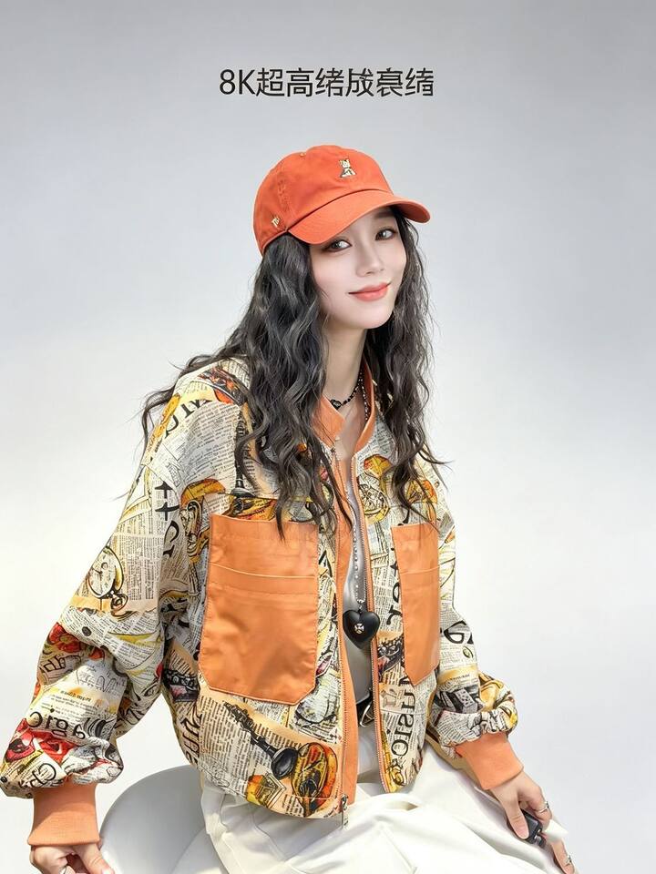 Áo khoác cardigan nữ dáng rộng họa tiết retro in 3D cổ đứng khóa kéo — Màu cam, Màu hồng chi tiết 7