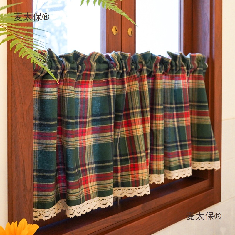 American-Style Christmas Fabric Half Curtain, Vintage Green Plaid Curtain for Kitchen Balcony, Short Curtain, Door Curtain, No-Drill Metabo