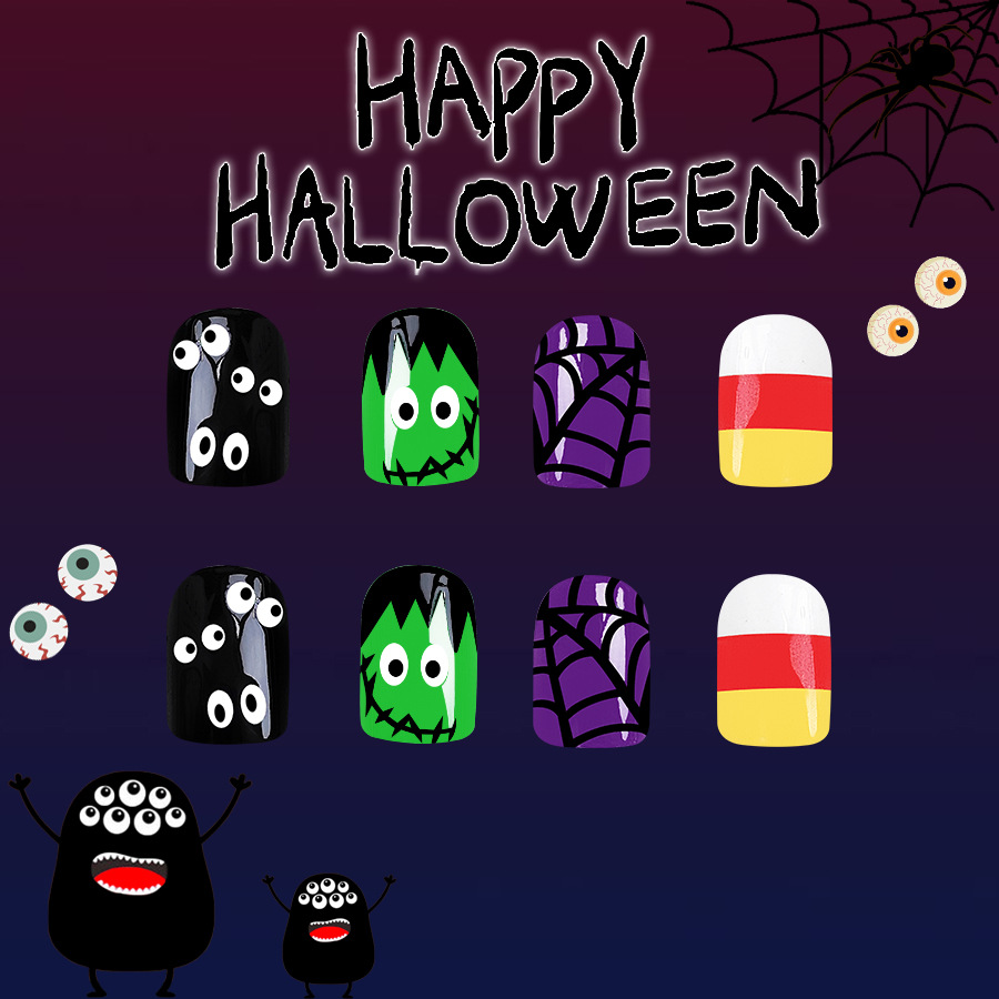 Korte Glitter Halloween Multicolor Nail Art Zwart Spinnenweb Horror Oogbal Groen Monster 2024 Nieuw 24_voghion.com