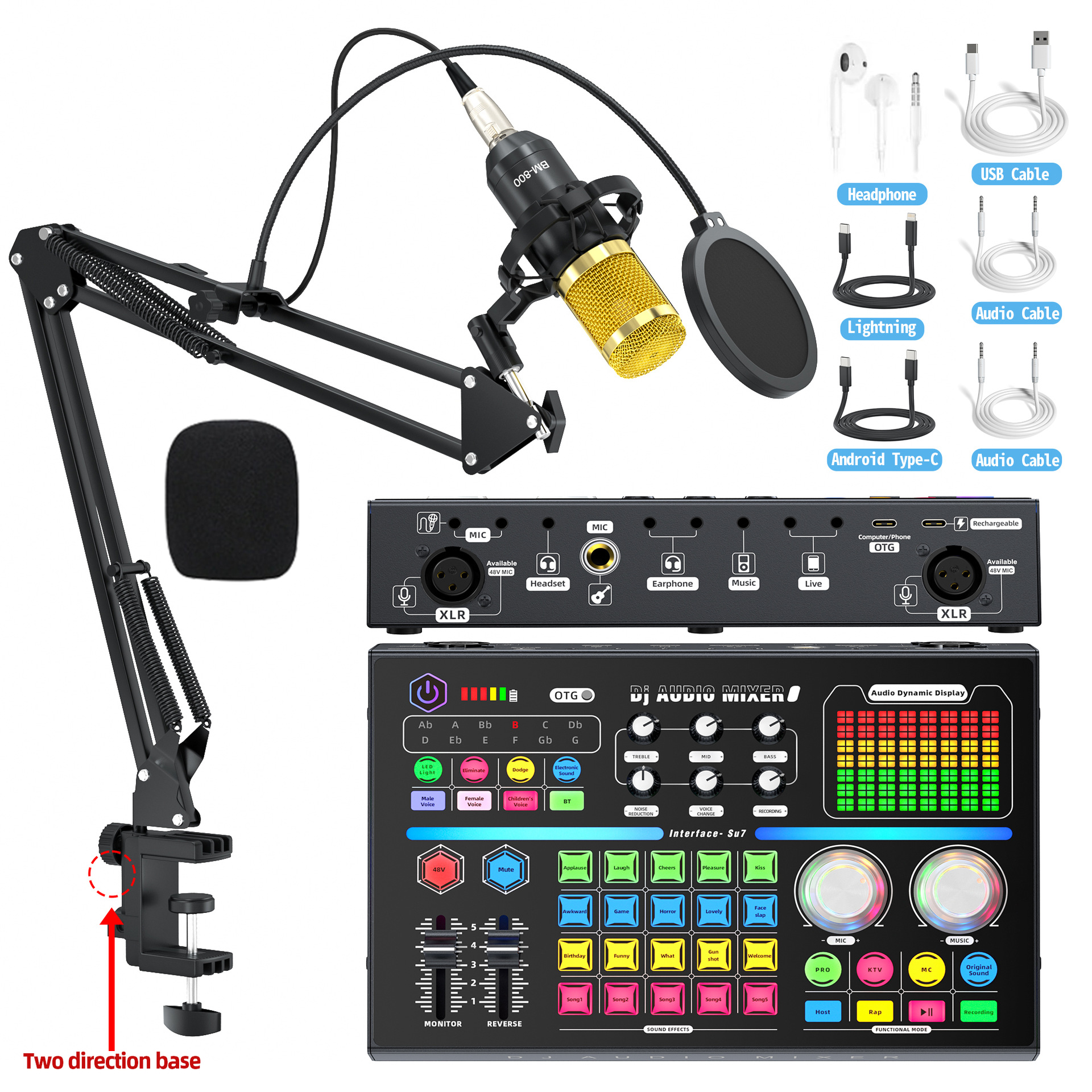 Cross-Border Foreign Trade Double Chorus 48V Sound Card Live Broadcast Dedicated Full Set of Game Voice-Changing Condenser Microphone Host Singing K
