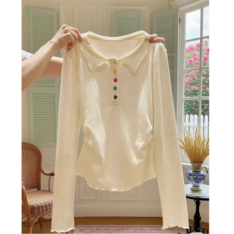 Return from Store~ Tag-Cut, Store-Exclusive Polo Collar Long-Sleeve Textured Waist-Cinching Ruffled Button-Up T-Shirt Top