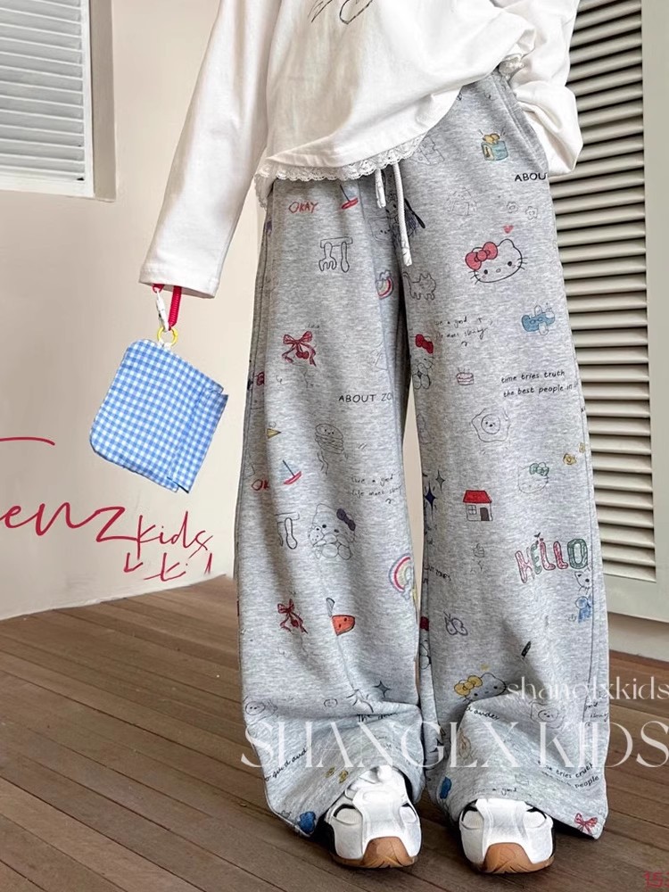 女童裤子2025春秋新款涂鸦满印运动卫裤中大童韩系穿搭两穿阔腿裤