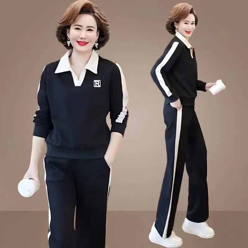 年轻妈妈装休闲运动服套装春装时尚洋气中老年女装春秋卫衣两件套|undefined