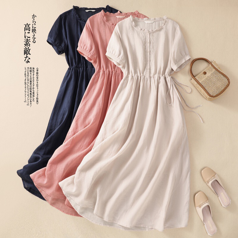 Real Shot of 2025 Summer New Cotton and Linen Literary Work Clothing Simple Pure Color Thin and Slim Mid-Length Dress for Women
