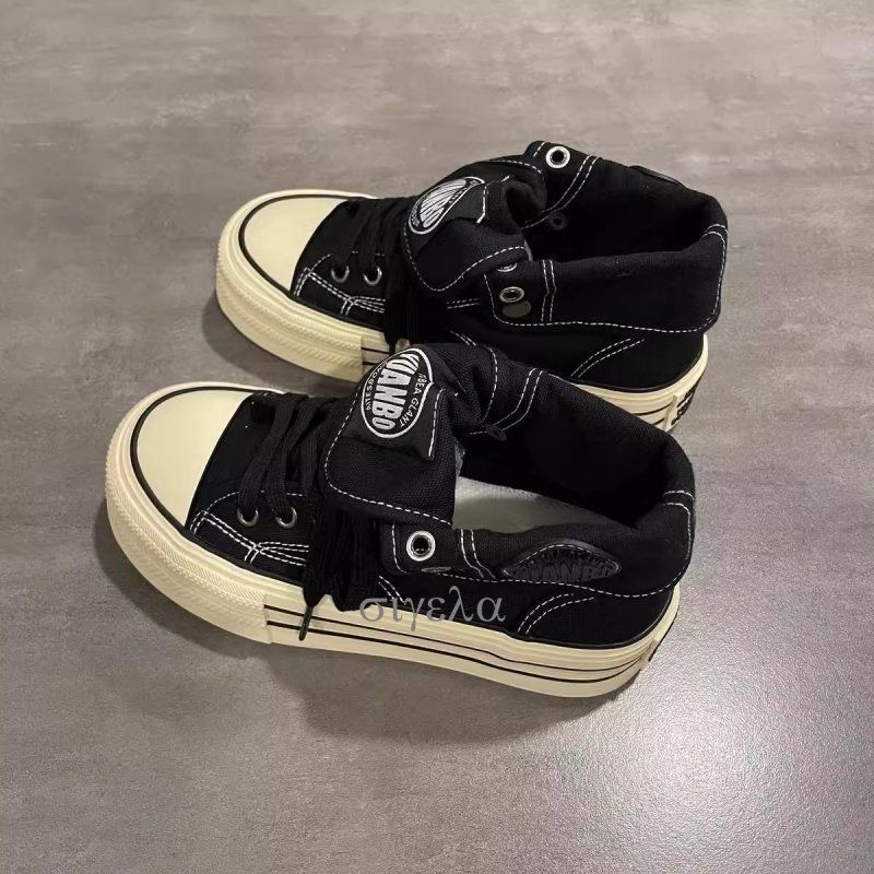 High-Top Thick-Soled Canvas Shoes for Women 2025 New Autum Versatile Student Retro Heightening Niche Design Casual Sneakers