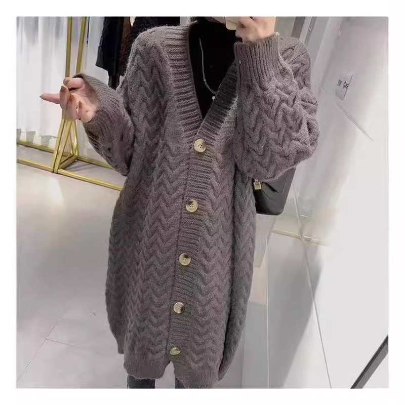 Vintage Lazy Style Loose Thick Needle Twist Knitted Cardigan Women's Autumn and Winter New Long Sweater Women's Top Vintage Lazy Style Loose Thick Needle Twist Knitted Cardigan Women's Autumn and Winter New Long Sweater Women's Top