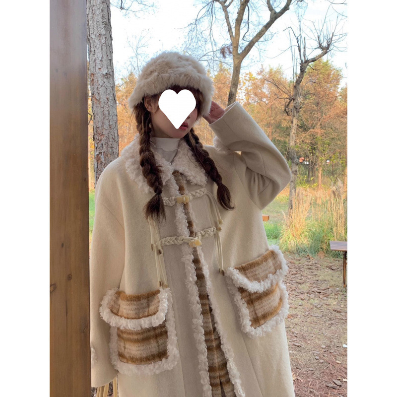 가을과 겨울 새로운 격자 무늬 바느질 우유 살구색 모직 코트 틈새 올 매치 코트 달콤한 우아한 디자인 세트