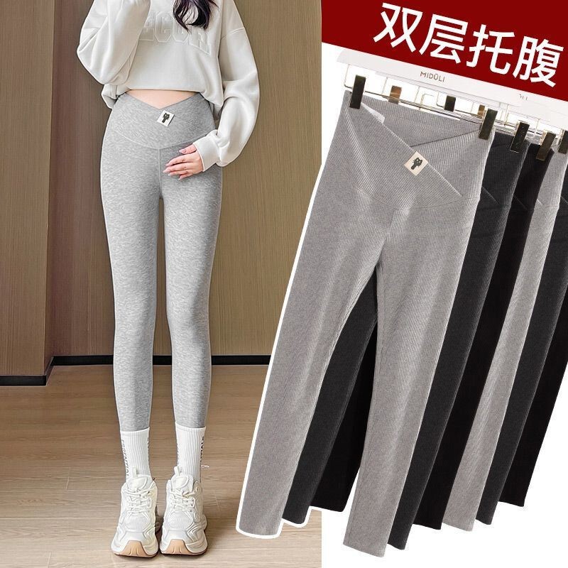 Cross-waist maternity leggings with double-layer belly support, vertical stripe yoga pants, slim-fit, suitable for wearing during pregnancy, spring and autumn style