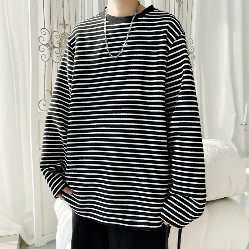 Black and White Striped Long-Sleeve T-Shirt Unisex Loose Hong Kong Style Couple's T-Shirt Japanese Trendy Brand Spring and Autumn Casual Top