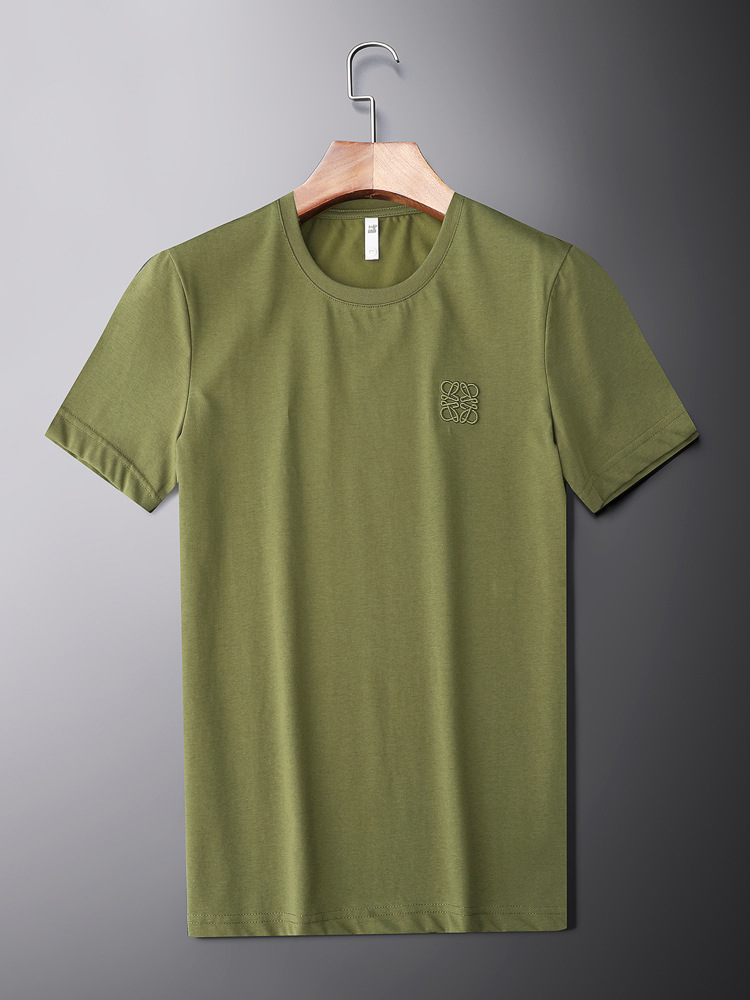 Camiseta de manga corta de algodón mercerizado europeo pesado slim fit de moda de gama alta bordado cuello redondo media manga de los hombres camisa de fondo moda