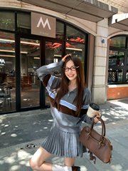 学院风polo领撞色长袖针织毛衣A字半身裙女2025秋季新款时尚套装