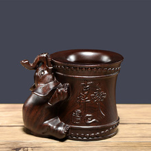 黑檀木雕刻吉祥如意大象笔筒摆件办公桌书房复古收纳创意笔筒