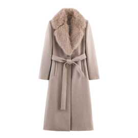 跨境批发2025秋冬新款欧美街头时尚人造皮草效果系腰带大衣外套女