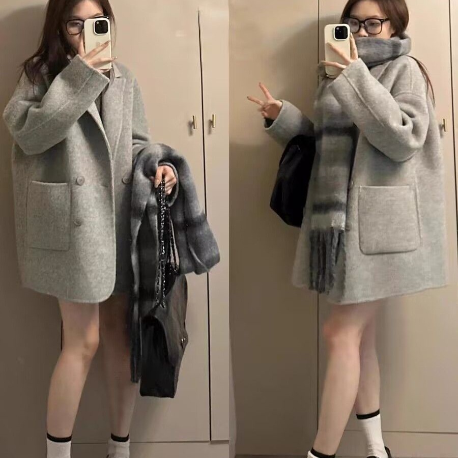 灰色短款西装呢子大衣女2025新款秋季羊毛呢外套感小个子韩系