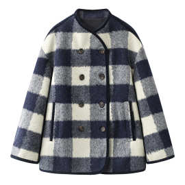 现货2025冬新款宽松复古包边格纹毛呢外套大衣3J4G219