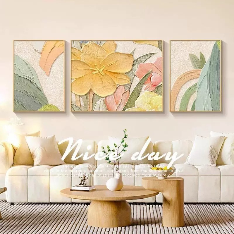 抽象的な花のリビングルームの装飾絵画クリームスタイルのテクスチャ吊り絵画ソファ背景壁画ハイエンドトリプティク|undefined