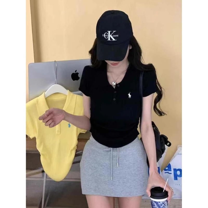 夏季新款韩版时尚百搭翻领短袖针织衫女修身显瘦辣妹上衣潮ins潮|undefined