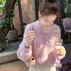 2024年春秋新作のスパンコールセーターの女性用の小さい子の優しい風の馬海の毛の透かし彫りのニット