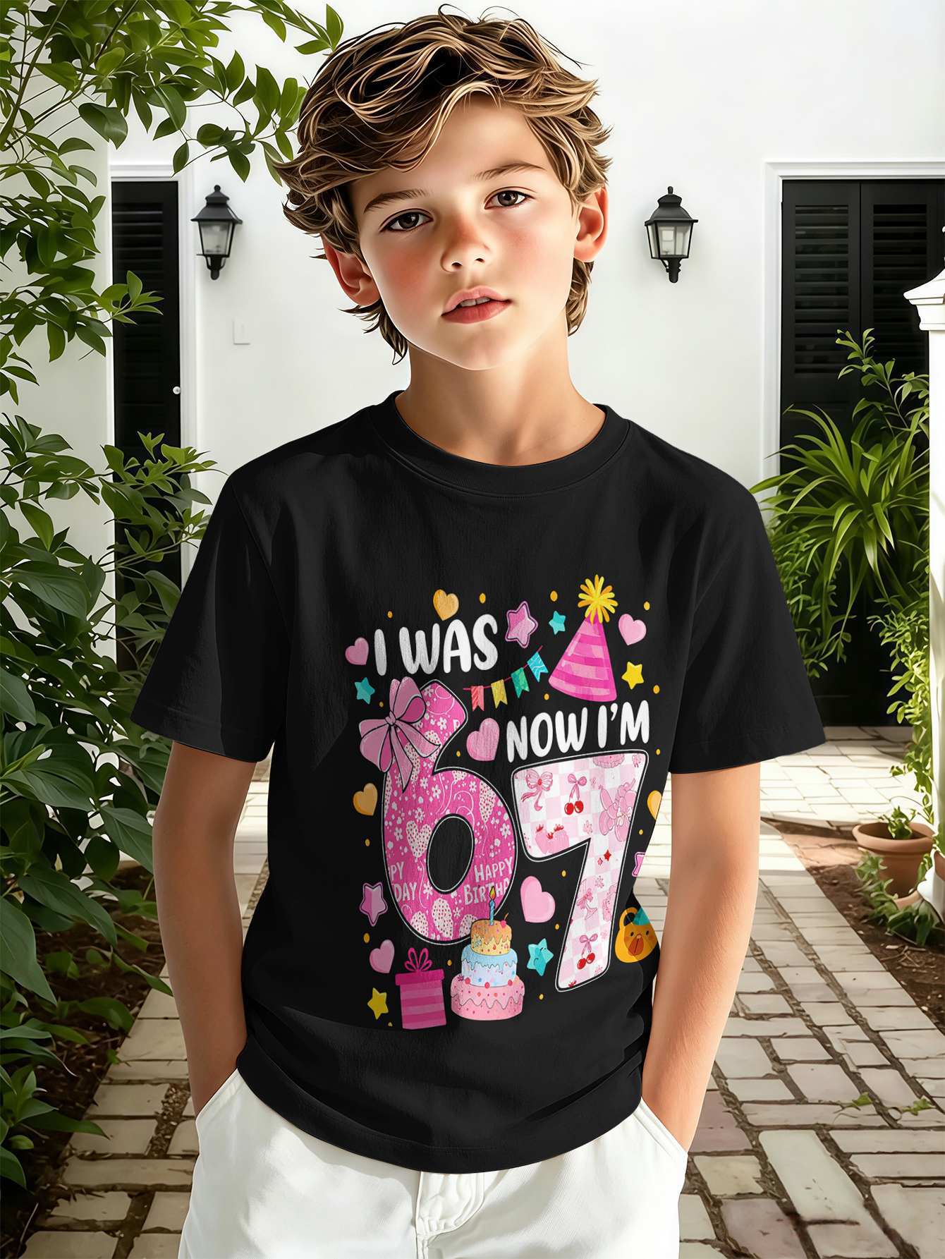 T-shirt pour garçon avec imprimé texte 3d haut décontracté rose_voghion.com