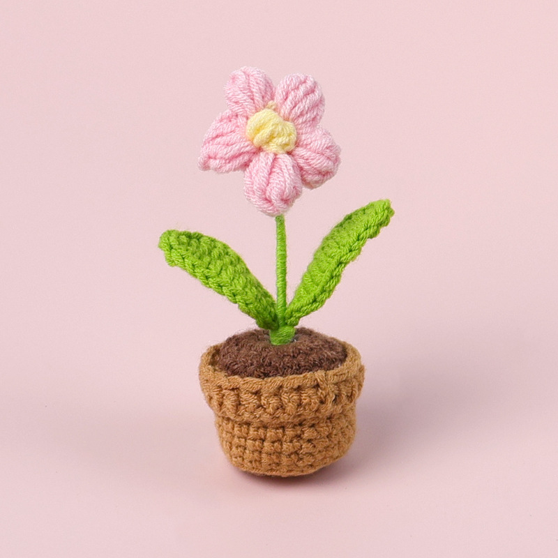 完成品クロスボーダー手作りウールかぎ針編み忘れなしひまわり模擬花鉢植えクリエイティブデスクトップ装飾品車の装飾造花|undefined