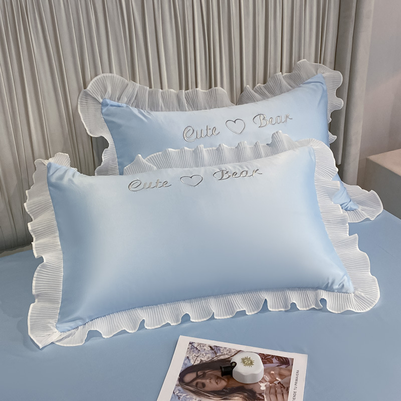 Funda de almohada de seda de hielo de verano estilo princesa, un par de fundas de almohada de encaje lavables, estilo fresco de verano 48cm x 74cm