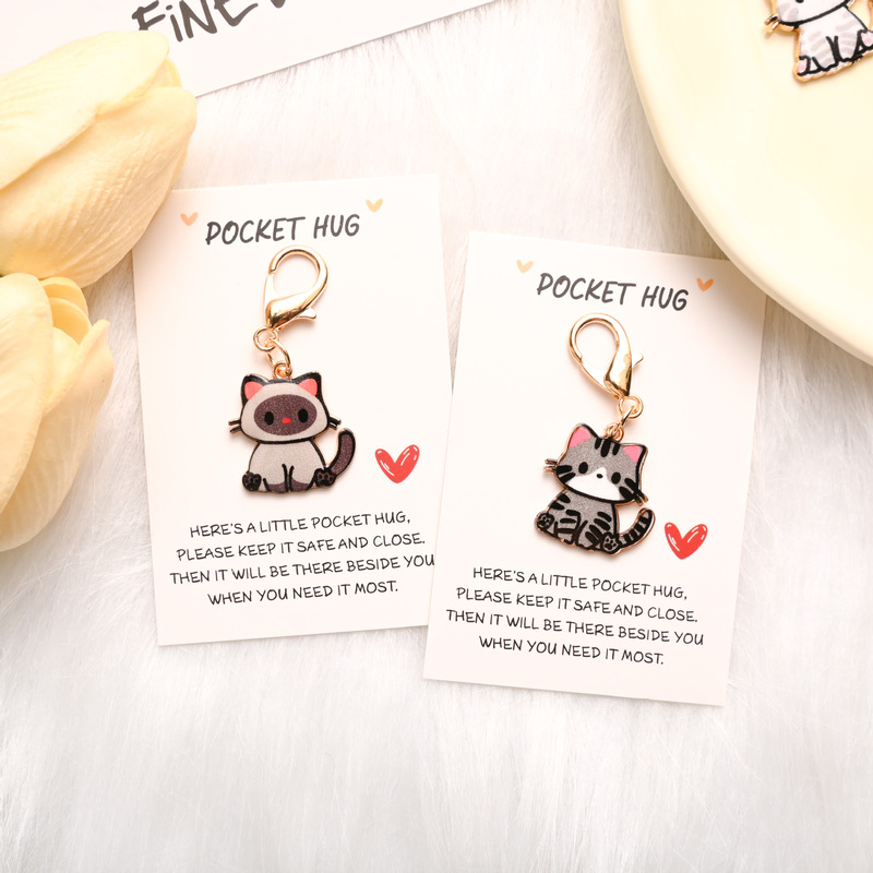 国境を越えたホットセール POCKET HUG 英語インスピレーションカード かわいい漫画の猫キーホルダー バッグペンダント|undefined