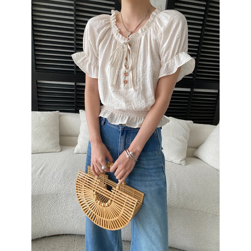 Sinnan Gentle Vacation Style Linen French Ruffle Collar Heart Shell Button Short Sleeve Shirt Sn8898 Sinnan Gentle Vacation Style Linen French Ruffle Collar Heart Shell Button Short Sleeve Shirt Sn8898