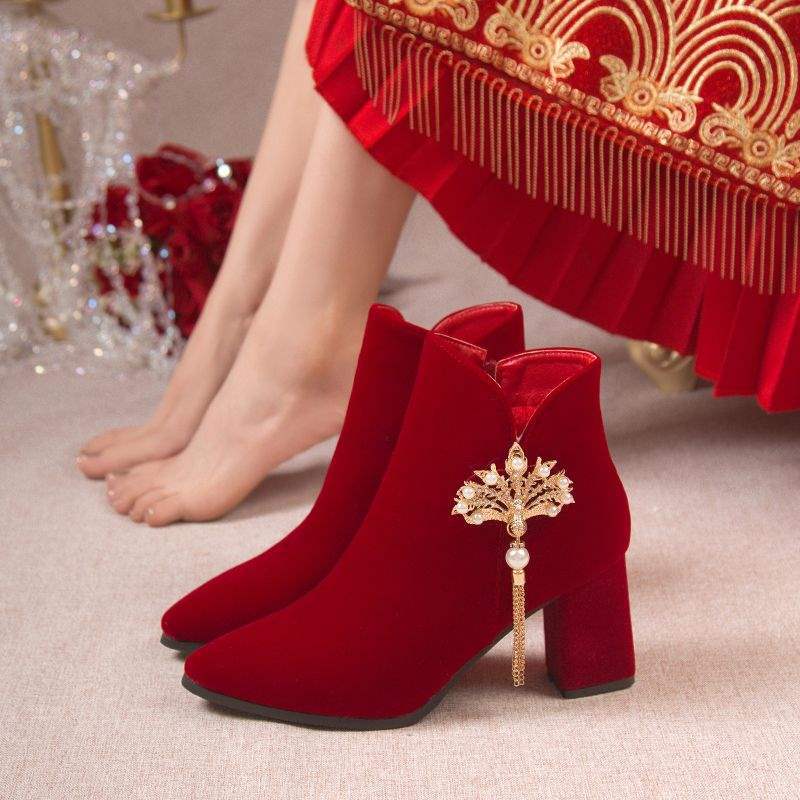 2025 New Winter Wedding Shoes for Women, Thick Heel Bridal Wedding Boots, Xiuhe Wedding Dress, Two-Wear Red High Heels and Short Boots