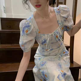 性感淑女夏天新款短袖方领辣妹姐妹装夏季休闲A字裙复古海边法式