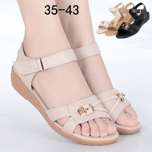 Summer Mother's Shoes Women's Sandals Soft Leather Flat Sandals for Middle-aged Women with Soft Bottom Beef Sole Large Size Flat Sandals for Middle-aged and Elderly