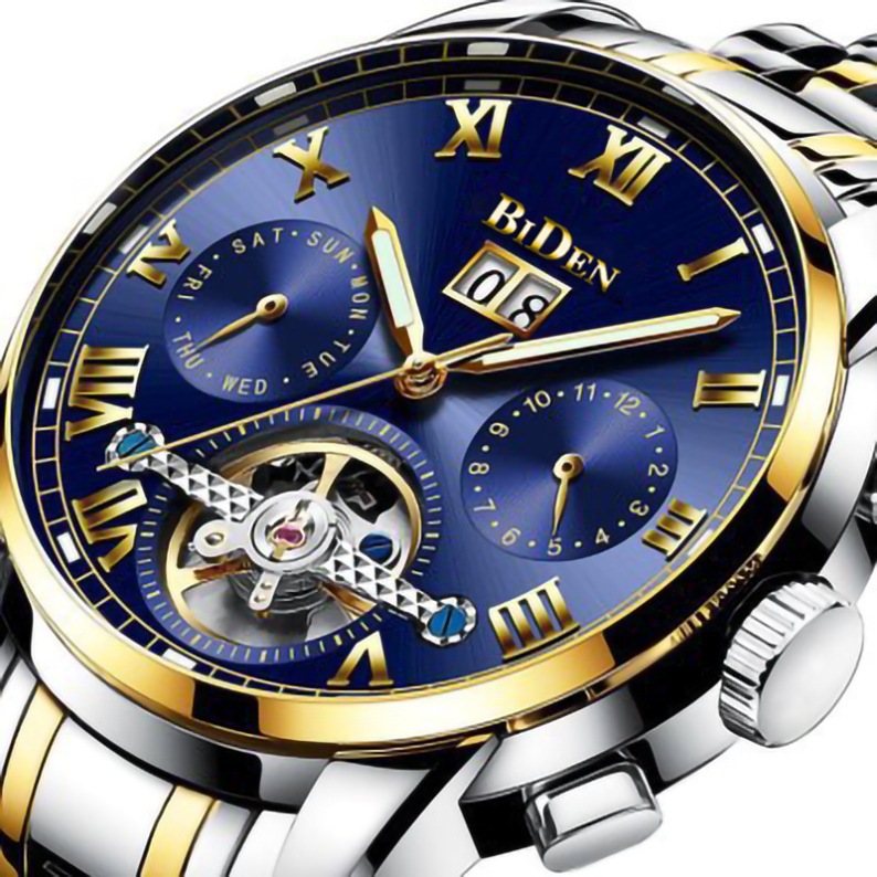 BIDEN reloj mecánico automático multifuncional para hombres hueco transparente volante cinturón de acero reloj de regalo 0190