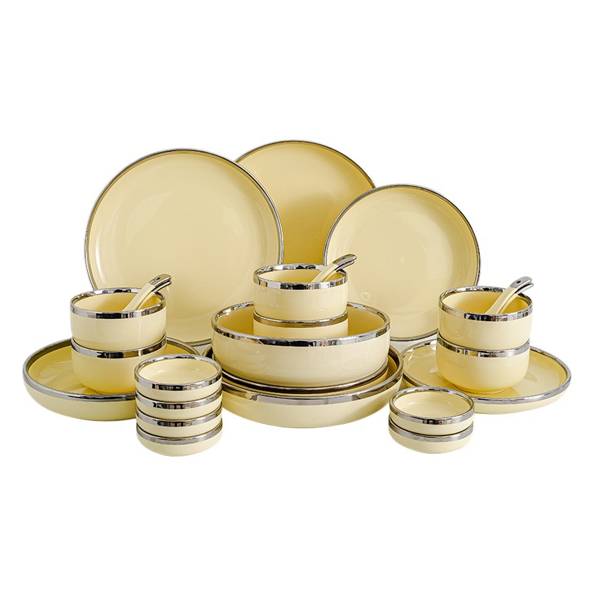Tazón plato traje borde plateado plato de cerámica ins estilo crema amarillo hogar sopa tazón luz lujo inauguración traje de vajilla