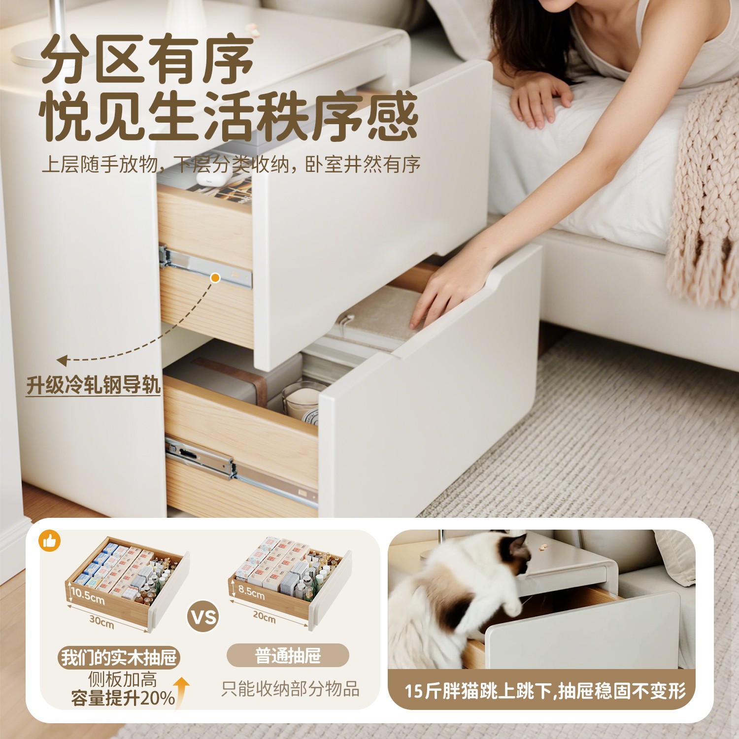 Mesa de cama de madera maciza pintada dormitorio doméstico 2025 nuevo pequeño estilo de viento crema lujoso armario simple de alto nivel