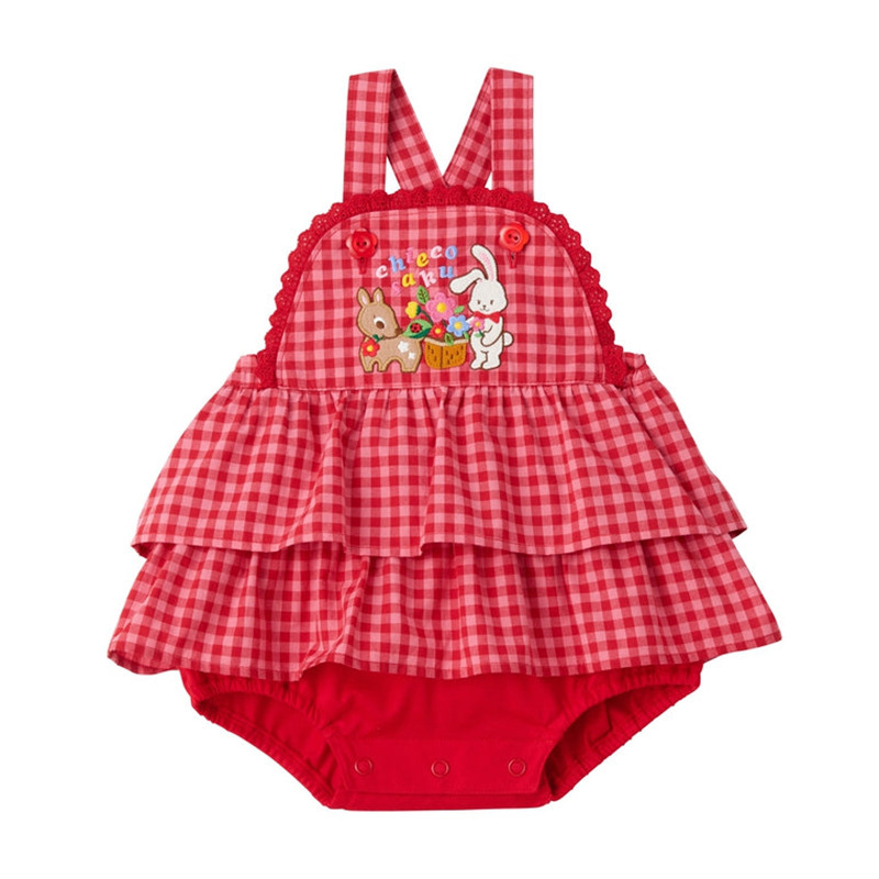 スポット子供服夏の新しい女の子漫画バニー鹿レースチェック柄カエルパンツスカートオーバーオール