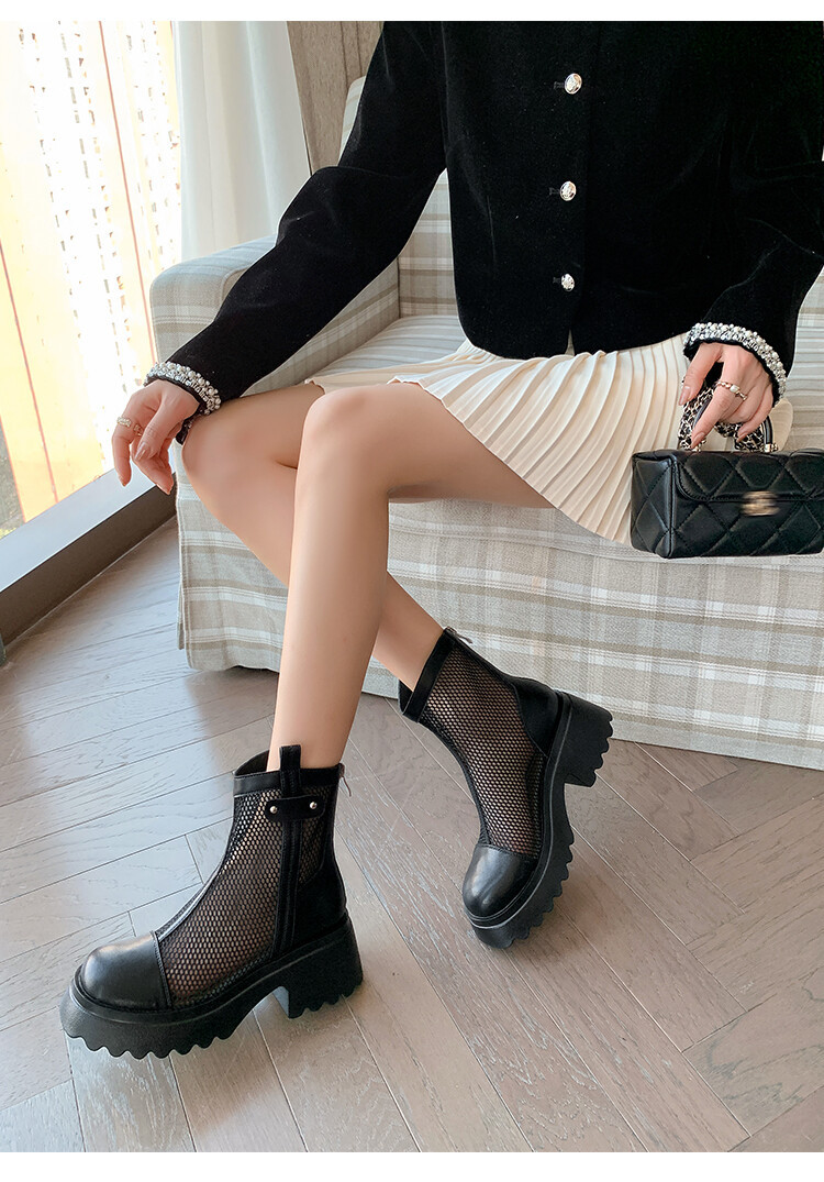 Boot nữ cổ cao đế dày gót bánh xốp da bò lưới thoáng khí xuân hè 2024 — Màu đen, Màu trắng be chi tiết 42