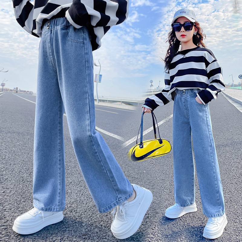 Girls' autumn denim pants, spring children's wide leg pants, autumn middle-aged and young girls' denim pants