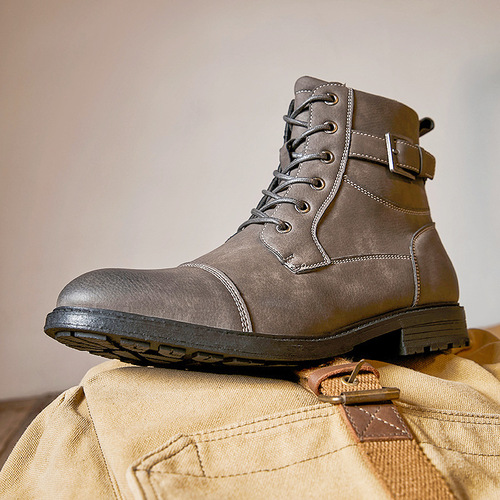 Autumn/Winter Work Boots, British Men's Martin Boots, Non-slip Retro Laced High-top Round Toe Boots with Side Zip