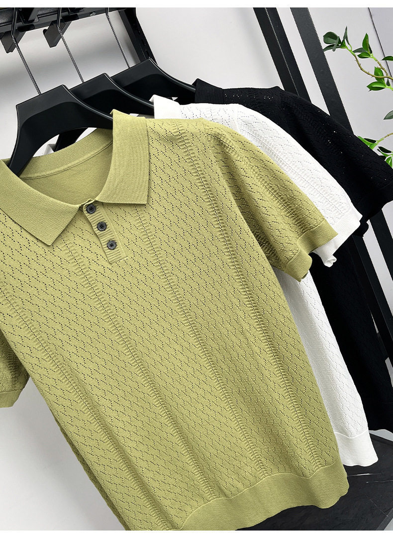 Men's Summer Cool Hollow Out Design Polo Shirt Luxury Style Elegant Retro Short Sleeve T-Shirt For Casual Wear_viptrois.com