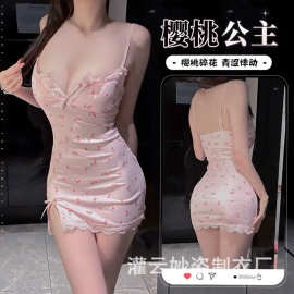 三生吟少女情趣内衣粉色樱桃蕾丝性感吊带紧身免脱连衣裙套装8239