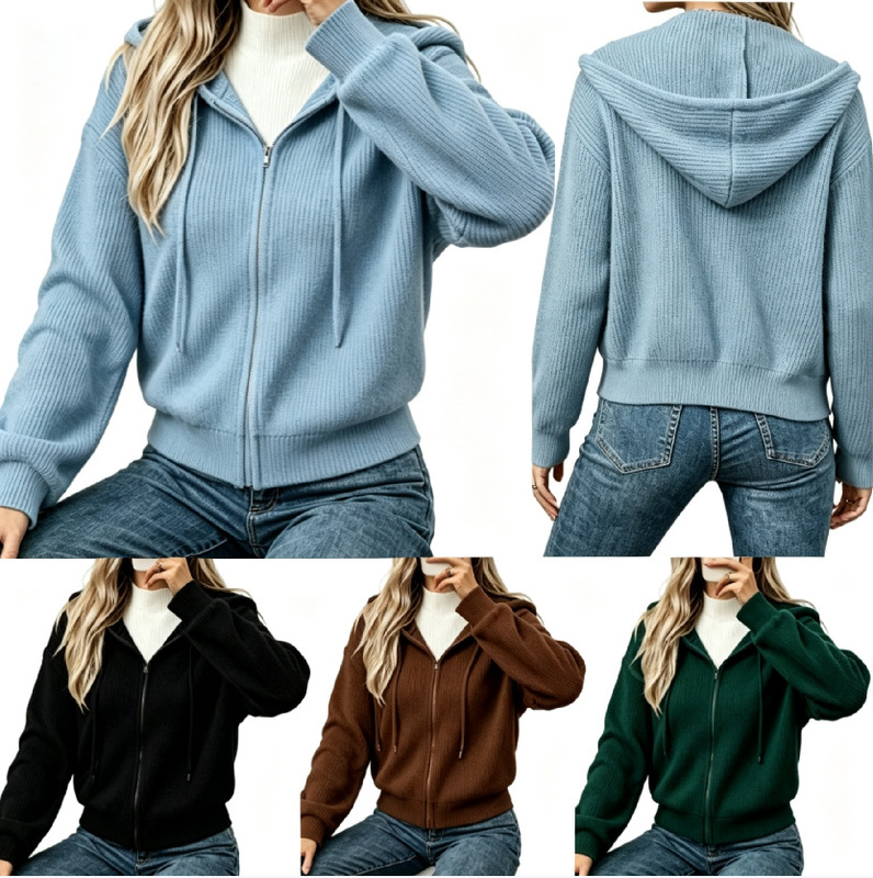 Cross-border Amazon 2026 Fall/Winter New Women's Sweater with Hood, Casual Loose Fit, Soft Fleece Knit Jacket Cross-border Amazon 2026 Fall/Winter New Women's Sweater with Hood, Casual Loose Fit, Soft Fleece Knit Jacket
