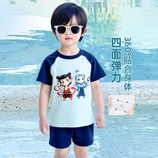 夏季新款中小童分体泳衣海边游泳穿搭泳装卡通哪吒敖丙短袖短裤