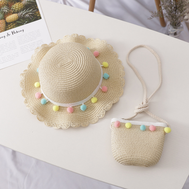 Ball wavy edge straw hat-beige