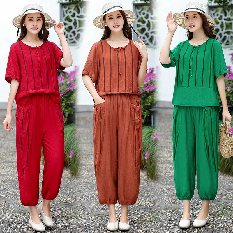 Летний костюм модный новый стиль с короткими рукавами и девятиукороченные брюки среднего возраста мама хлопок конопля иностранный топ брюки повседневный набор из двух частей