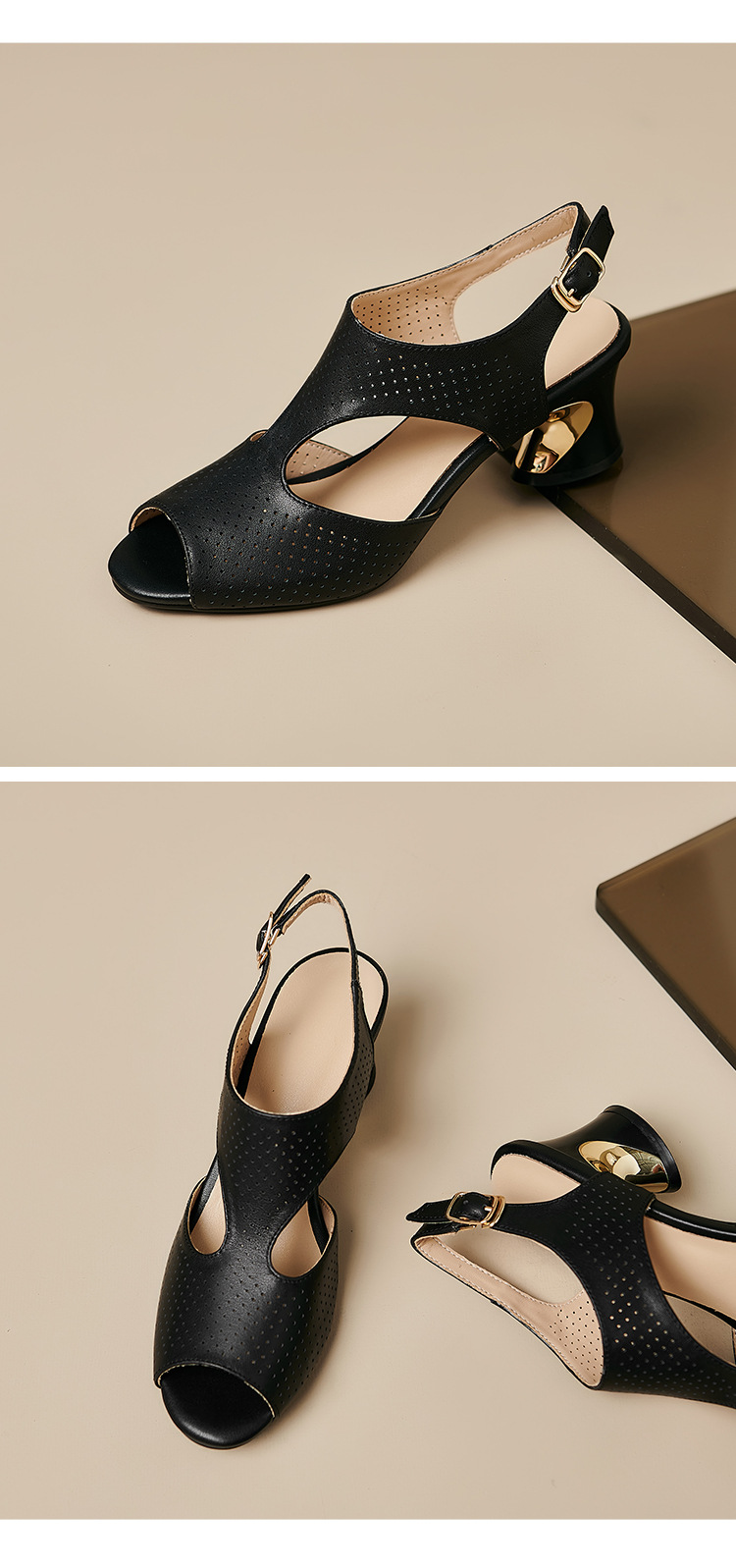 Sandal nữ quai ngang khóa da bò lớp 1 gót vuông hở mũi hở gót — Màu đen chi tiết 18