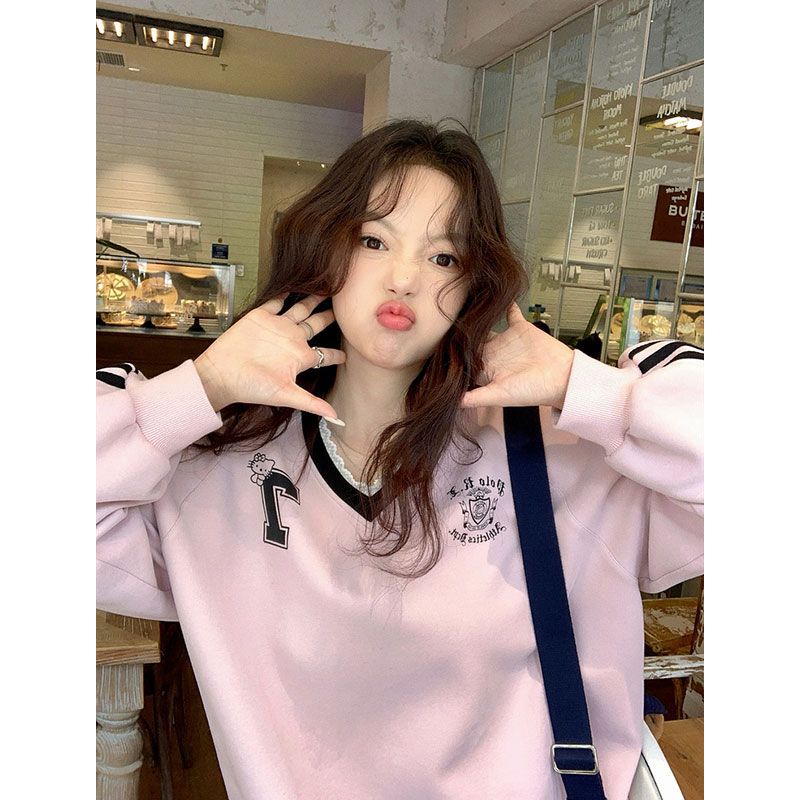 American Style Cotton Print V-neck Long Sleeve Sweatshirt Women's Early Autumn Grey Unique Lace Stitching Loose Casual Top