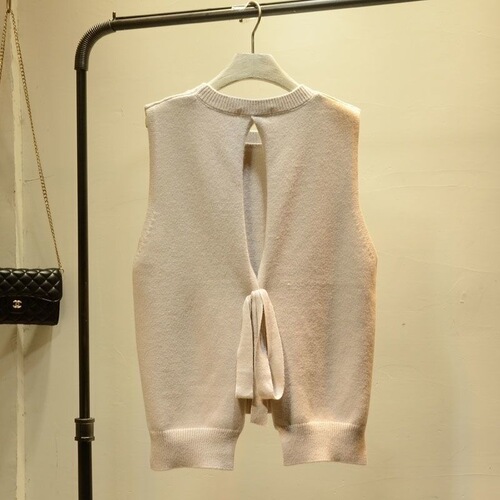 Women's Spring and Autumn New Solid Color Knit Cardigan Vest Top with Korean Style Back Ties, Fashion Simple Loose Matchable Shoulder Cardigan