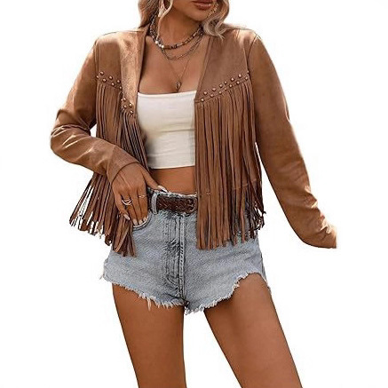 Amazon Cross-Border New Women's Faux Suede Tassel Trim Long Sleeve Front Open Jacket Western Style Concert Clothing