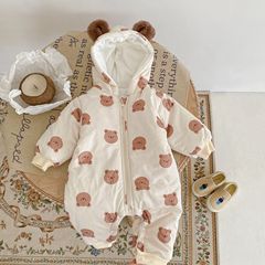 2023 winter velvet warm bear print hooded long crawl cotton jumpsuit for infants and young children male and female baby long crawl suit