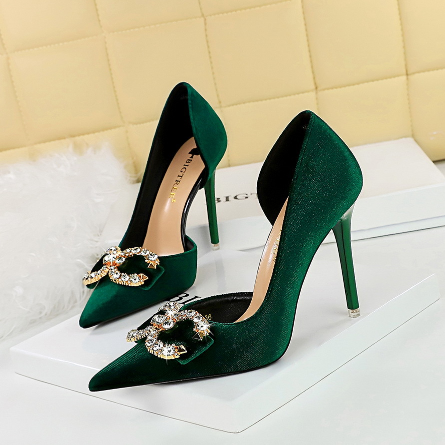1363-K77 Banquet High Heels Slim Heel Shallow Notched Pointed Side Hollow Thickened Suede Rhinestone Button Bow Tie Single Shoe